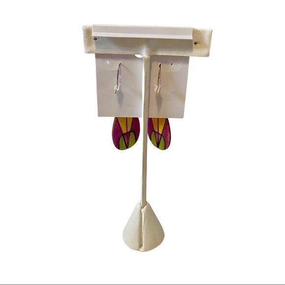 Hand-crafted & painted lightweight wood teardrop shaped Drop earrings. - Picture 5 of 6